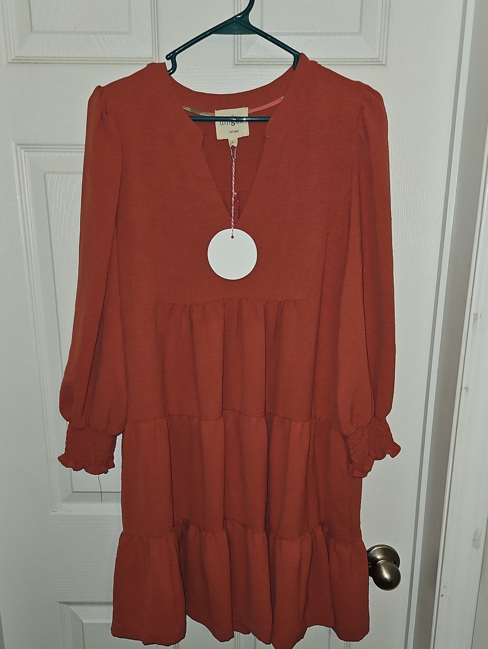 Umgee Rust Tiered Long-Sleeve V-Neck Dress